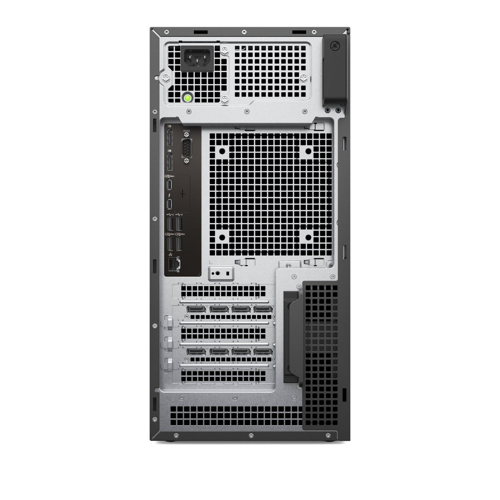 Back view of a computer server tower on a white background