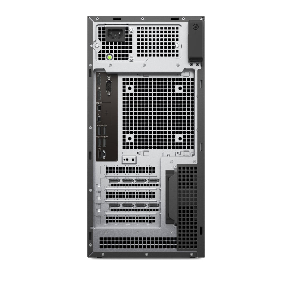 Back view of a computer server tower on a white background