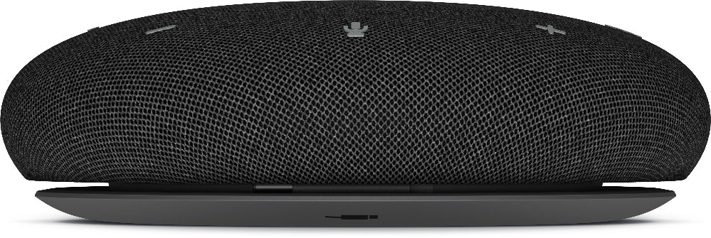 Black Bluetooth speaker with mesh design on a white background