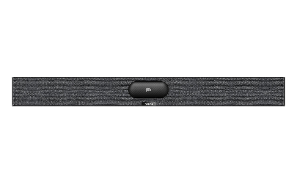 Black soundbar with a brand logo on a white background