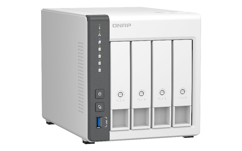 QNAP NAS device with four drive bays on a white background