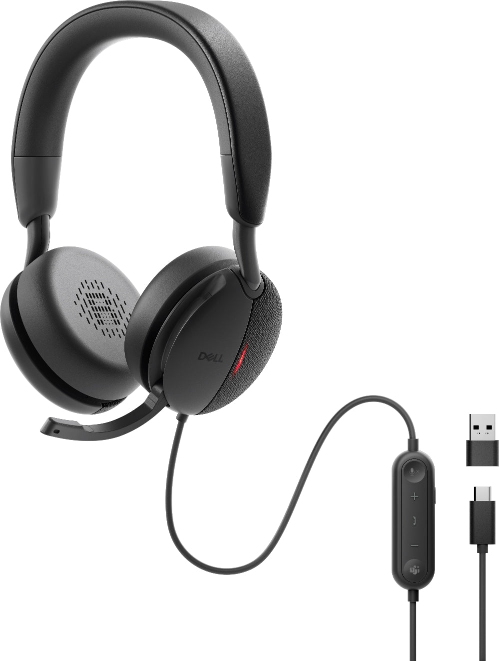 Black Dell headset with USB and audio cable on a white background