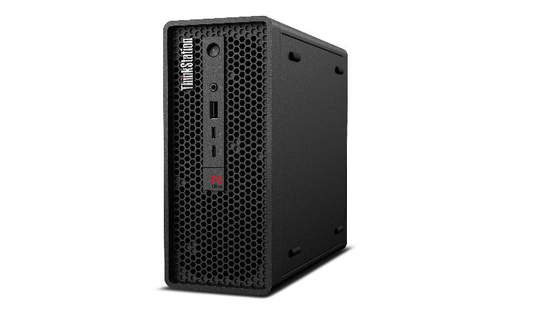 Black computer tower with ThinkStation branding on a white background