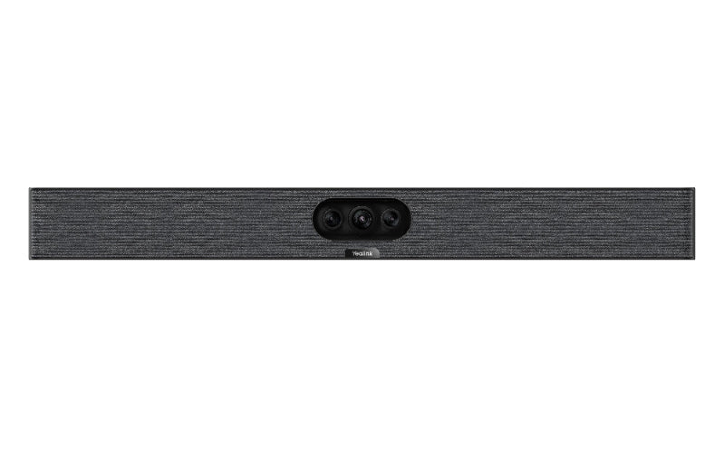 Black soundbar with a brand logo on a white background