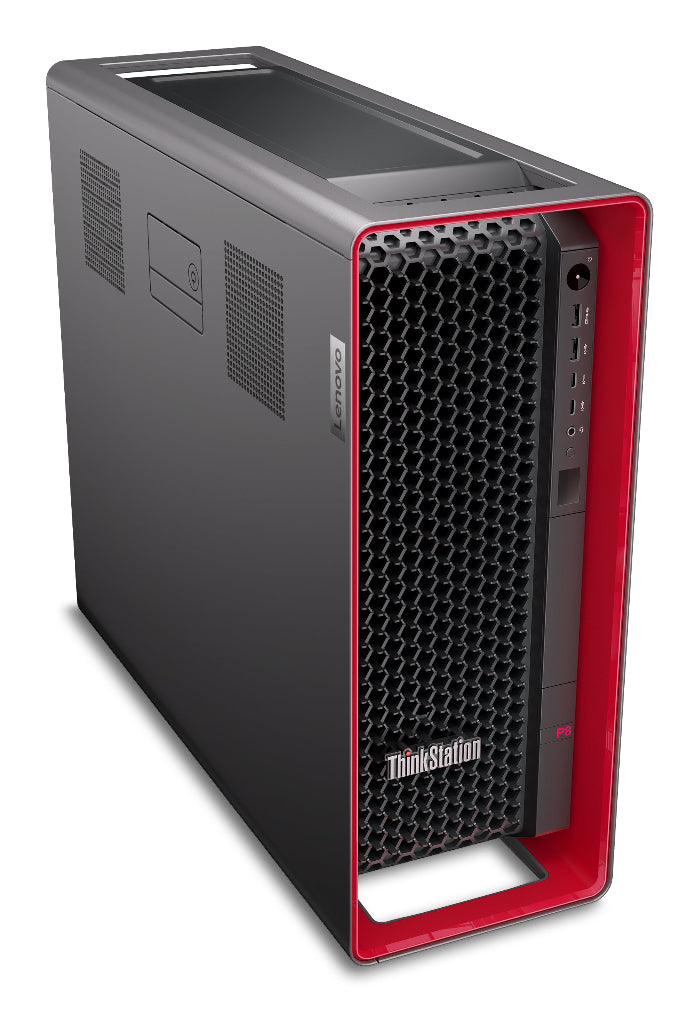 Computer tower with red accents on a white background