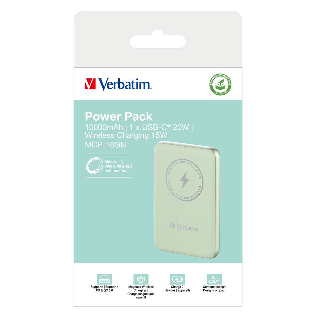 Verbatim Charge 'n' Go Magnetic Wireless Power Bank 10000mAh Green - 32246 - eCommerce Business Prime