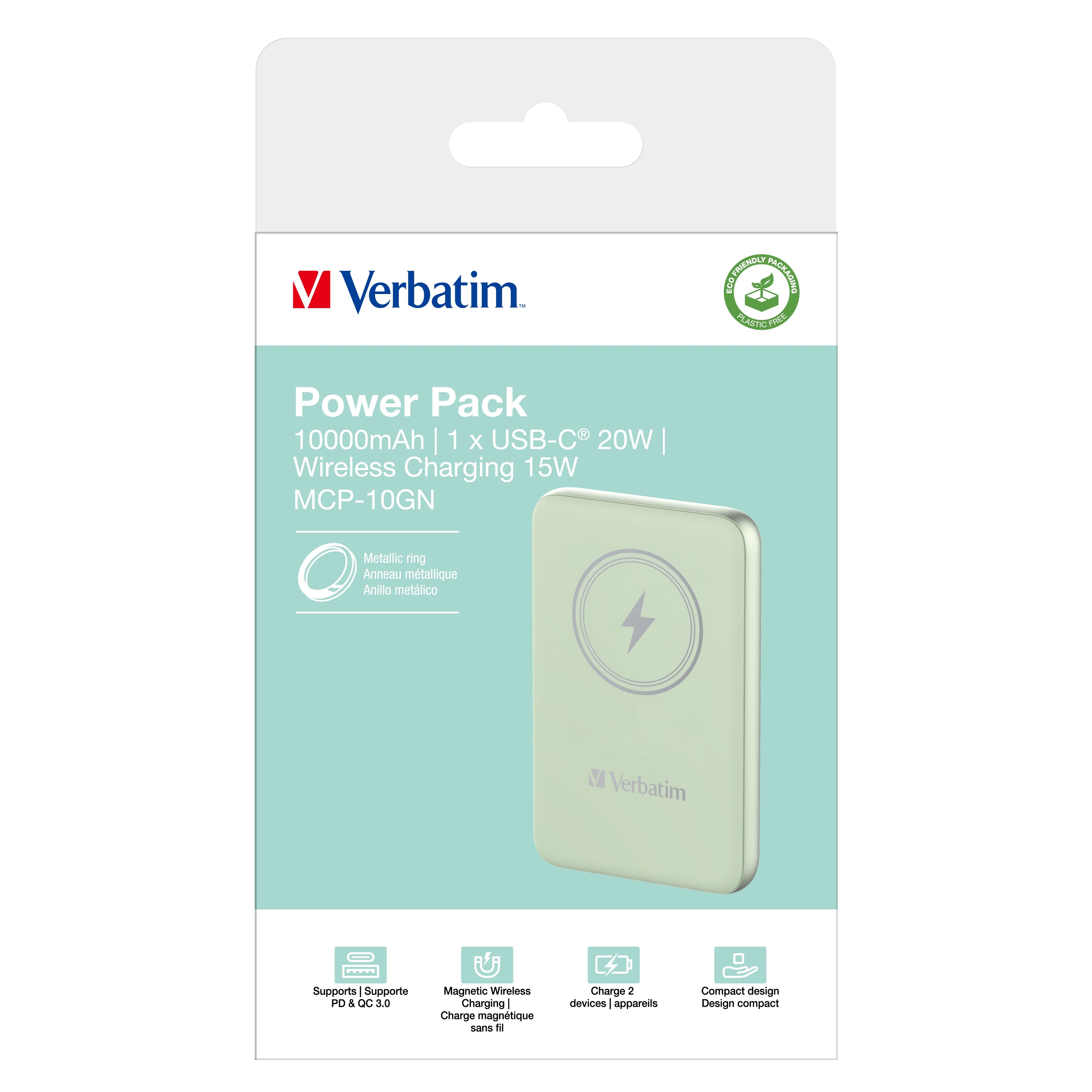 Verbatim Charge 'n' Go Magnetic Wireless Power Bank 10000mAh Green - 32246 - eCommerce Business Prime