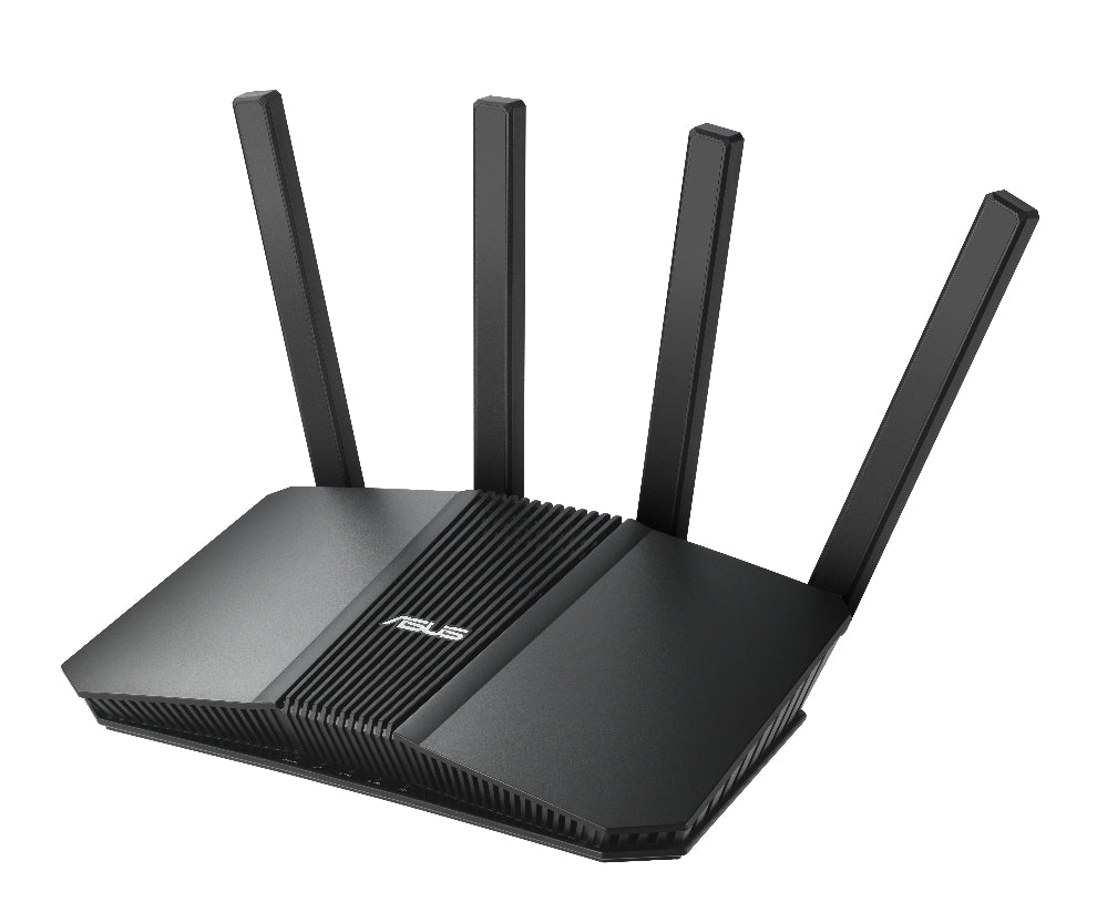 Black ASUS router with multiple antennas on a white background
