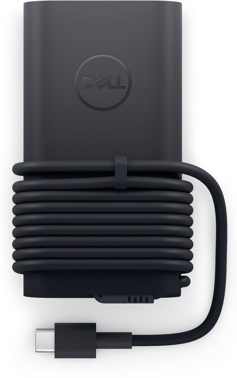 Dell laptop charger with a coiled cable on a white background