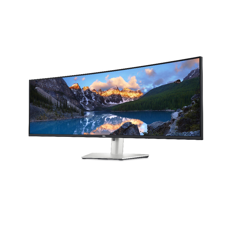 Curved monitor displaying a scenic landscape on a white background