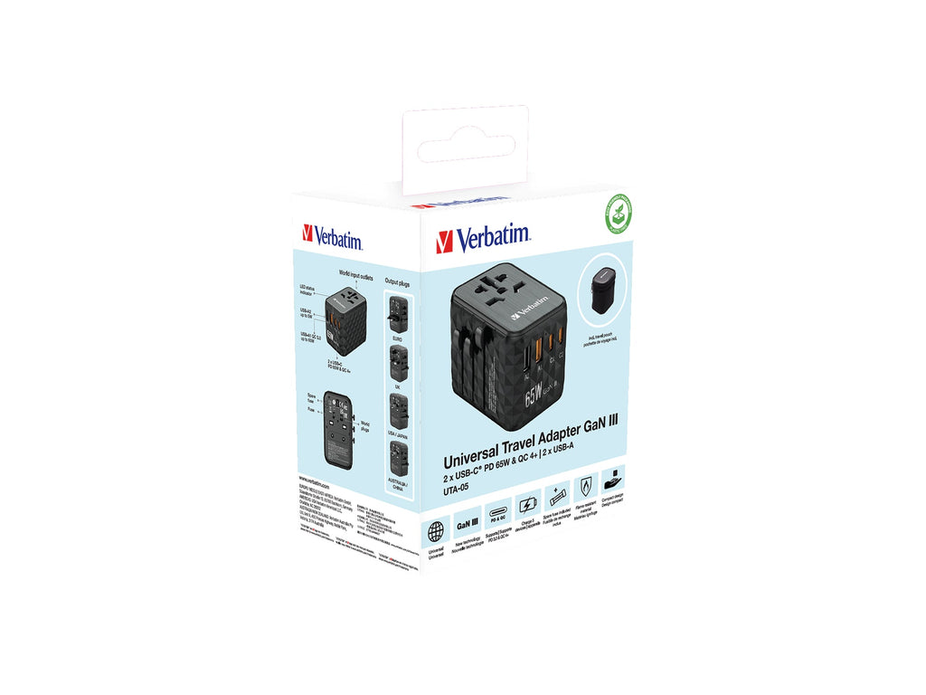 Verbatim UTA-05 65W GaN III Universal Travel Adapter with 2 x USB-C PD & QC 4+ & 2 x USB-A ports - 32120 - eCommerce Business Prime