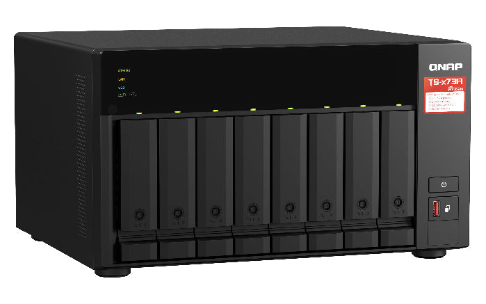 QNAP NAS device with multiple hard drive bays on a white background