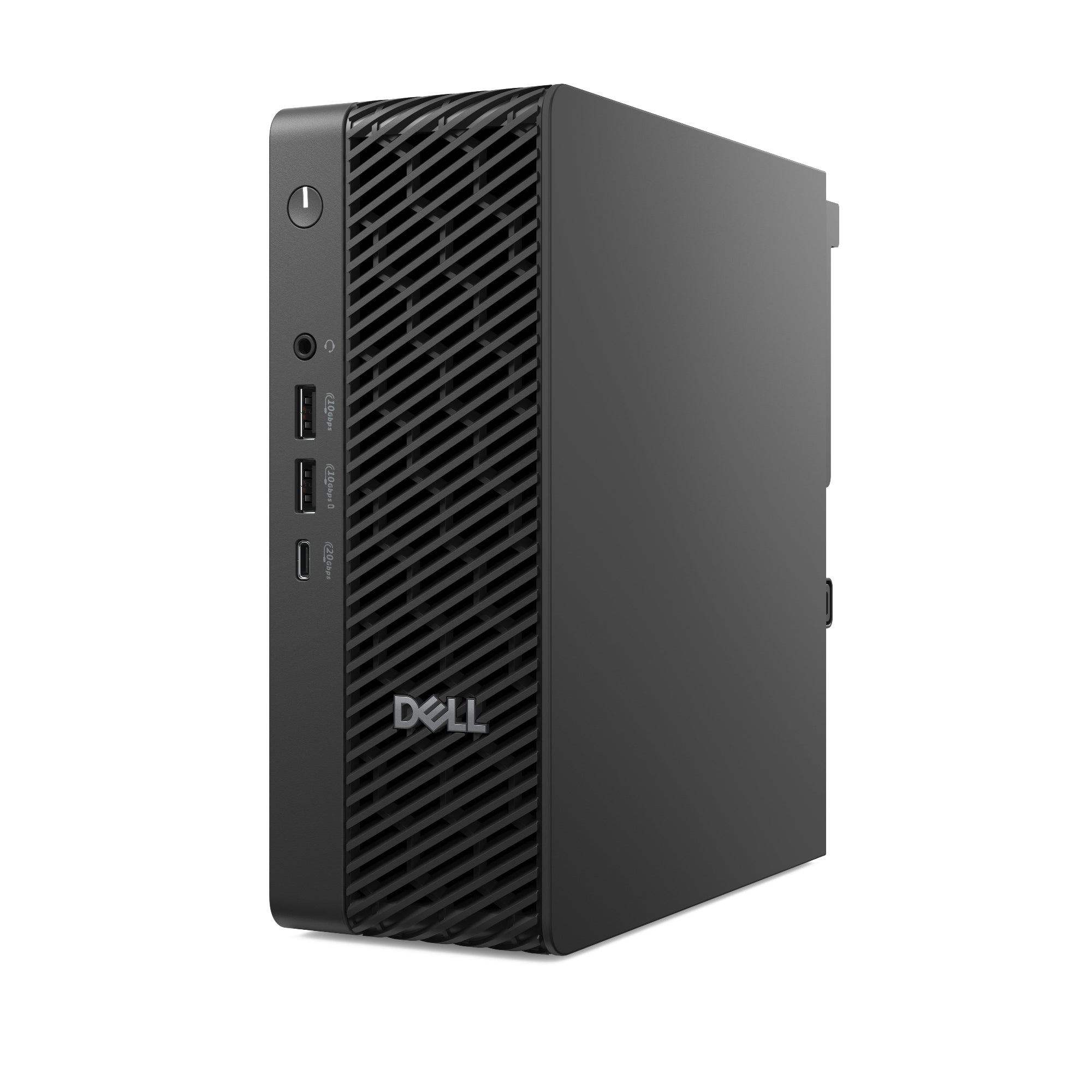 Black Dell computer tower on a white background