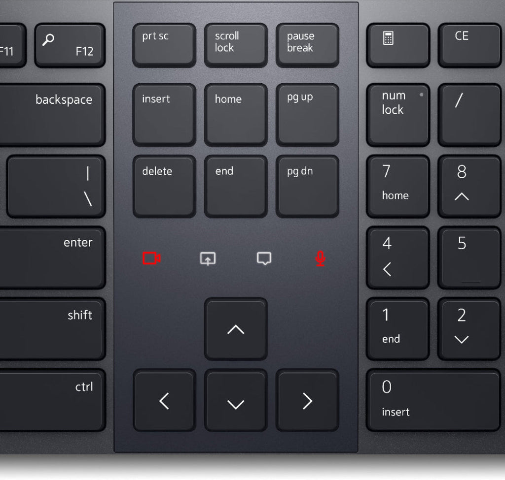 Close-up of a black keyboard with various function keys and navigation keys.