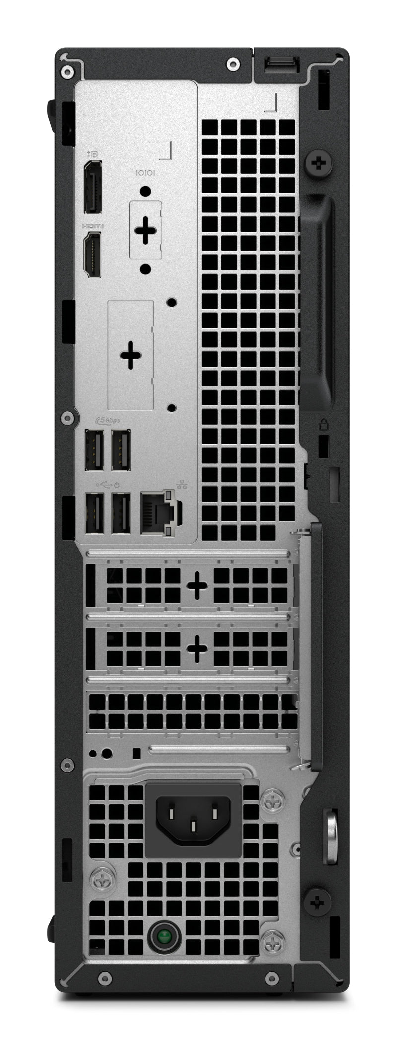 Back view of a computer case with various ports and connectors.