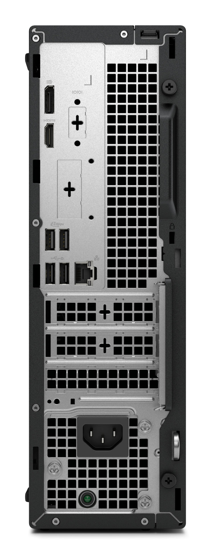 Back view of a computer tower with various ports and connectors.