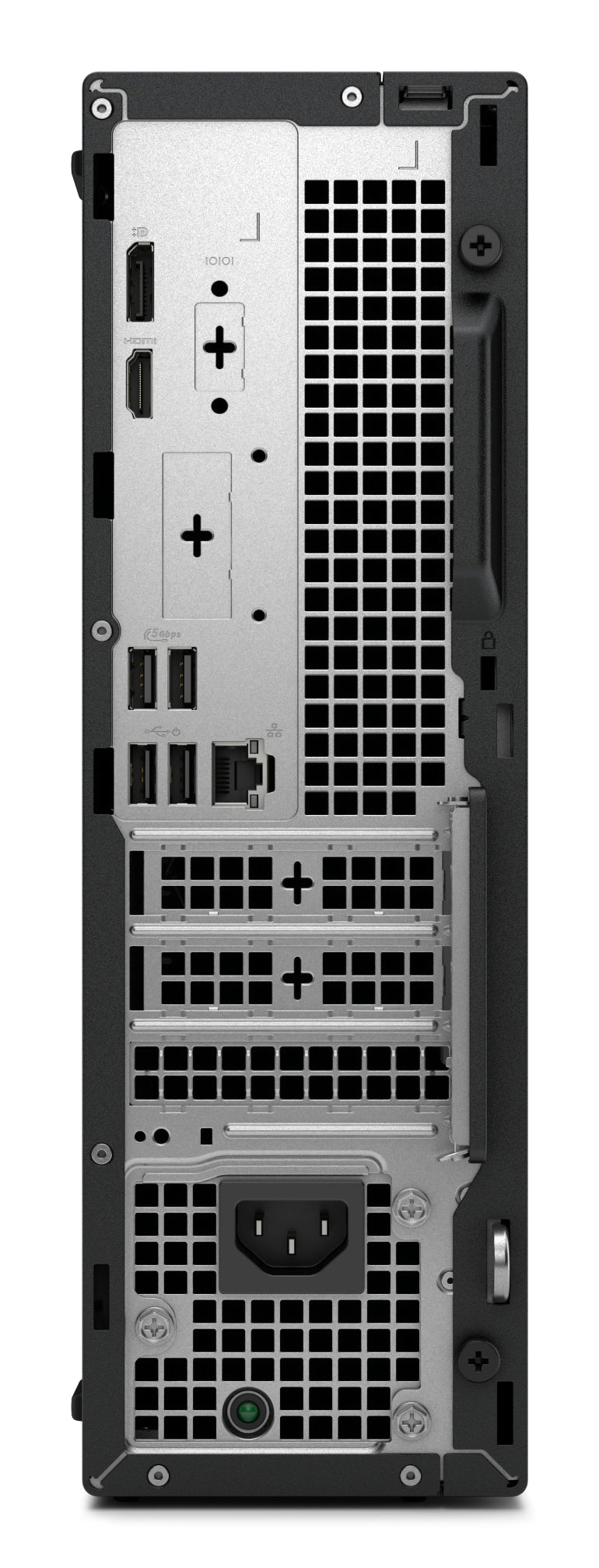 Back view of a computer tower with various ports and connectors.
