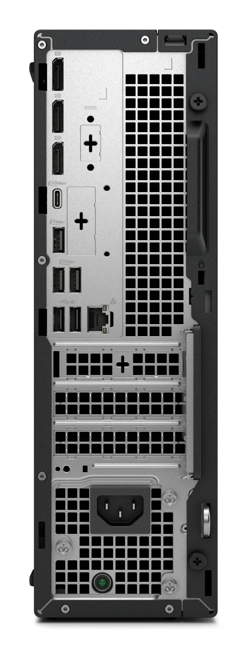 Back view of a computer case with various ports and connectors.
