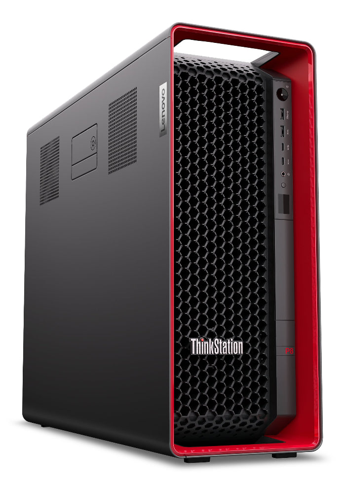 Black and red computer tower with ThinkStation logo on a white background