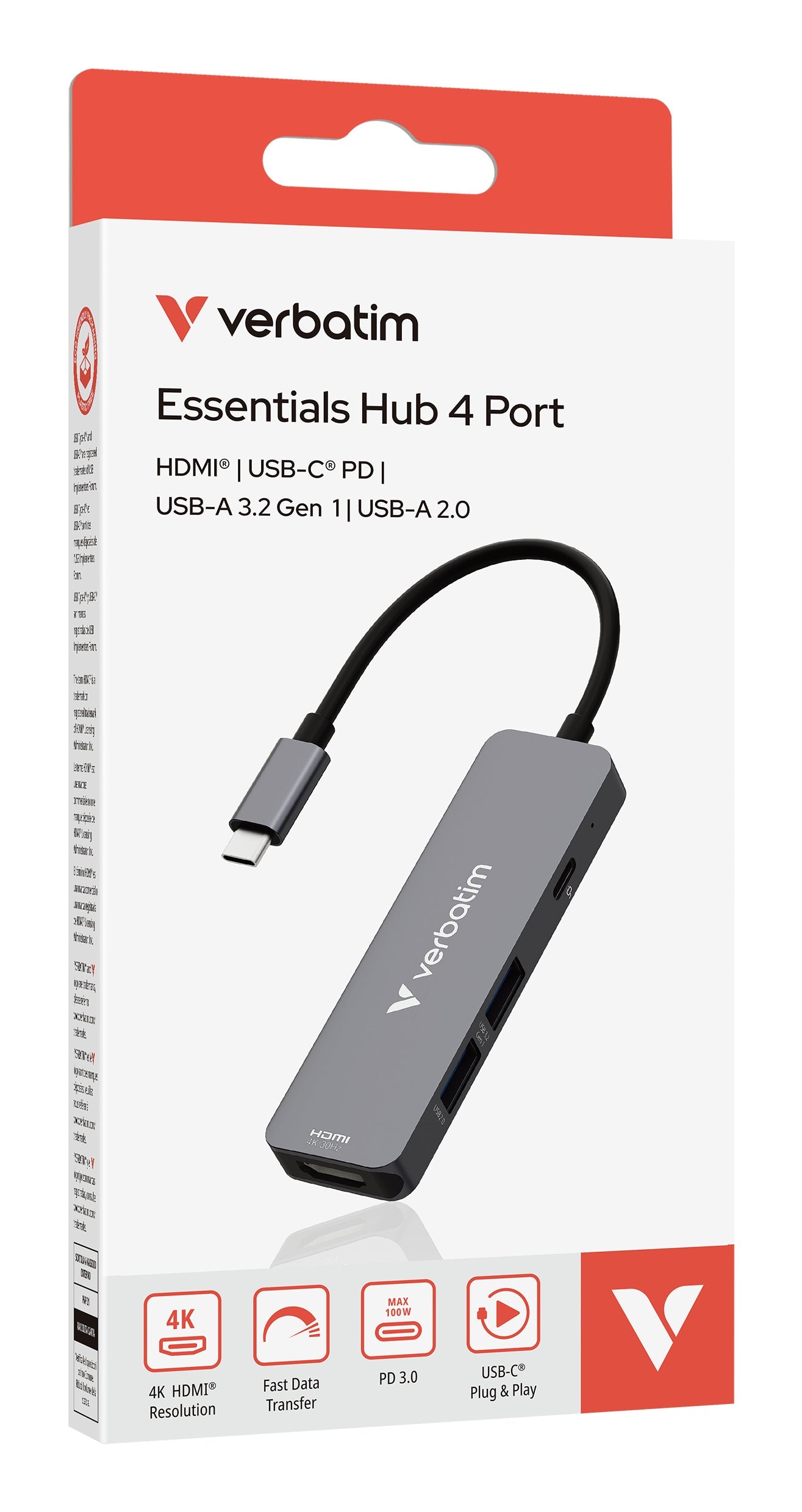 Verbatim USB-C Essentials Multiport Hub 4 ports: HDMI, USB-C PD, USB-A 3.2 Gen 1, USB-A - 32155 - eCommerce Business Prime