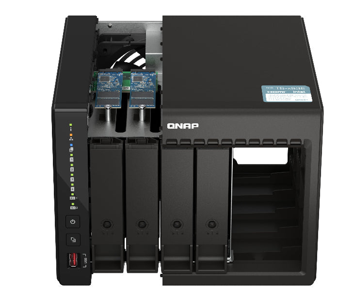 QNAP NAS device with open side panel on a white background