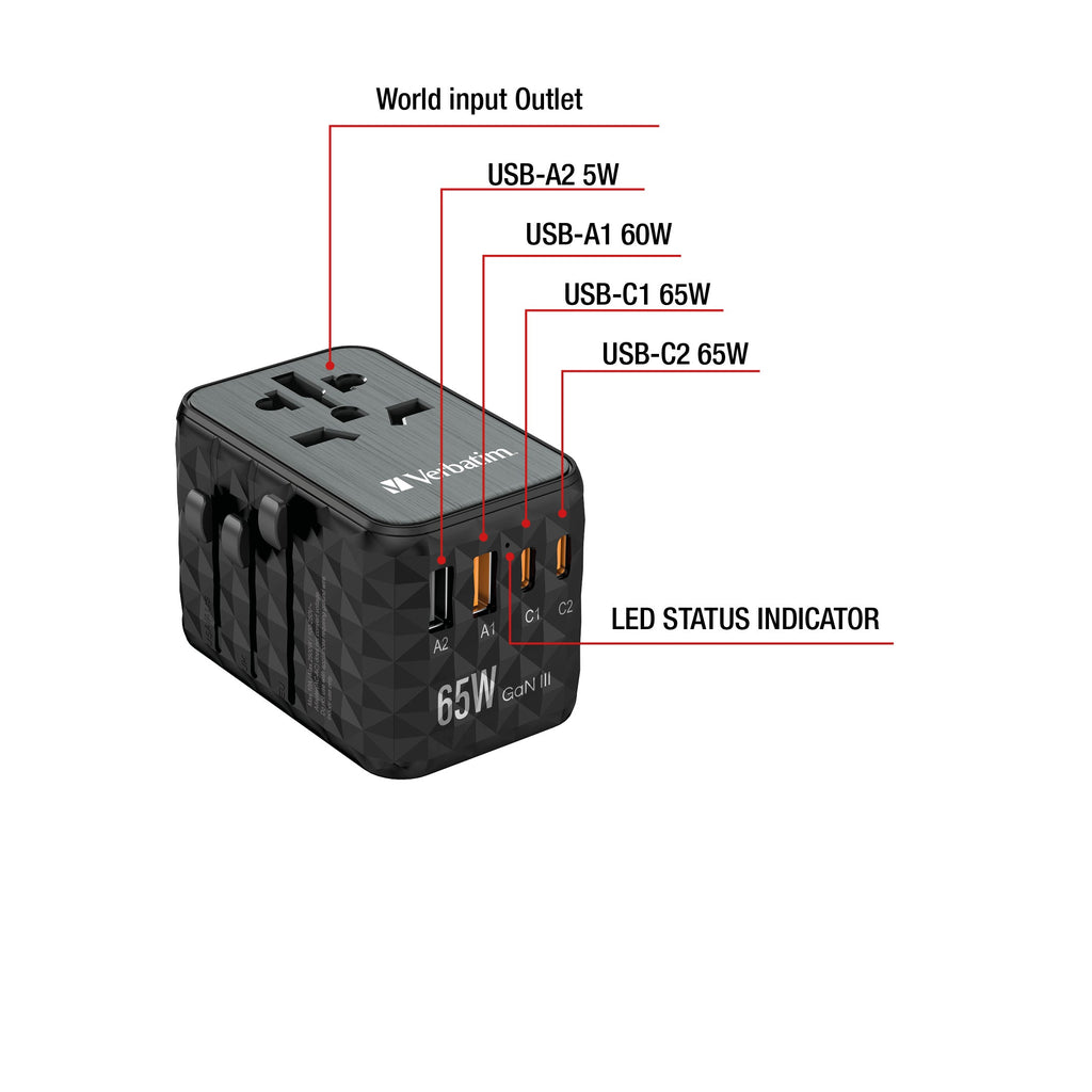 Verbatim UTA-05 65W GaN III Universal Travel Adapter with 2 x USB-C PD & QC 4+ & 2 x USB-A ports - 32120 - eCommerce Business Prime