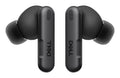 Black Dell wireless earbuds on a white background