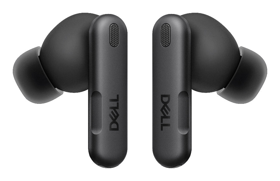 Black Dell wireless earbuds on a white background