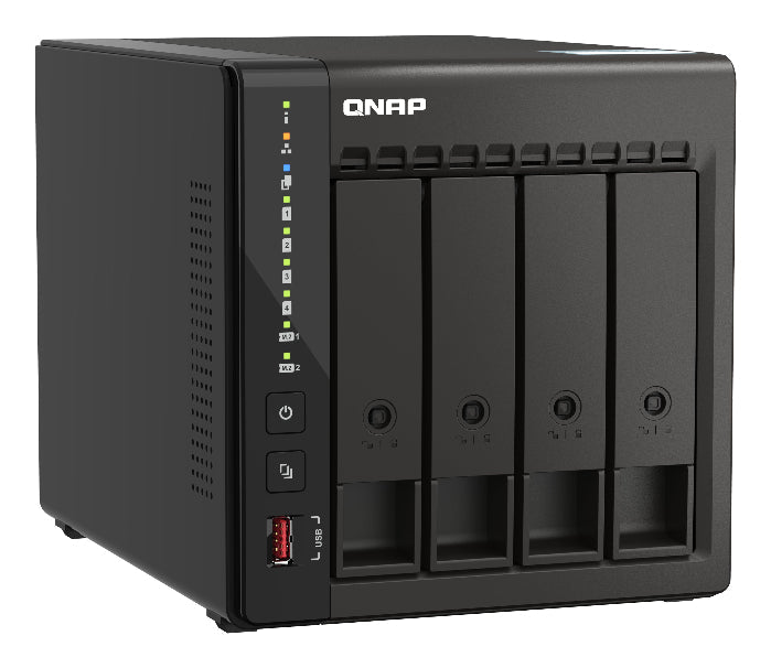 QNAP network-attached storage device with four bays on a white background