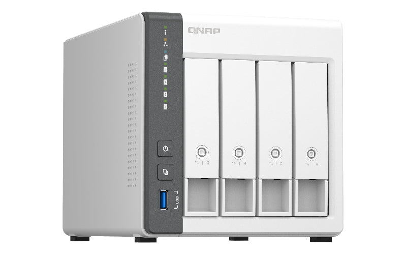 QNAP NAS device with four bays on a white background