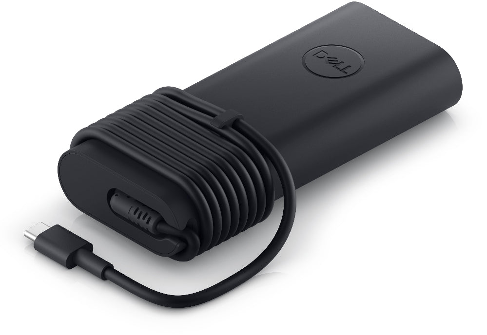 Black Dell laptop charger on a white background