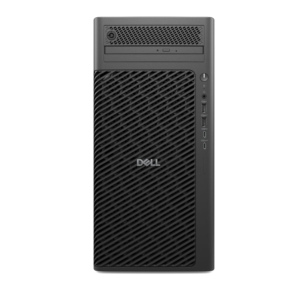 Black Dell desktop computer tower on a white background
