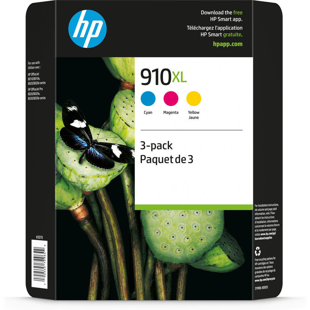 HP 910XL 3-pack High Yield Cyan/Magenta/Yellow Original Ink Cartridges